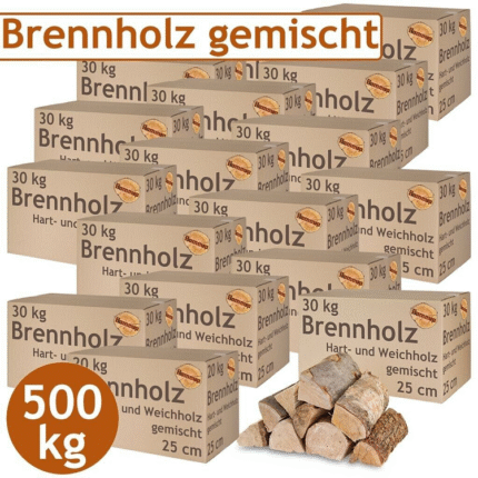 Kaminholz & Brennholz gemischt – Hartholz & Weichholz 25 cm | 500 kg Pakete